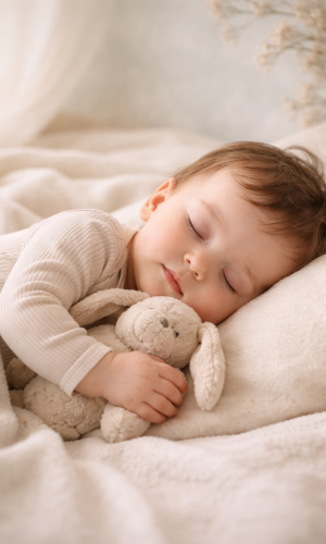 Baby schläft mit Kuschelhase